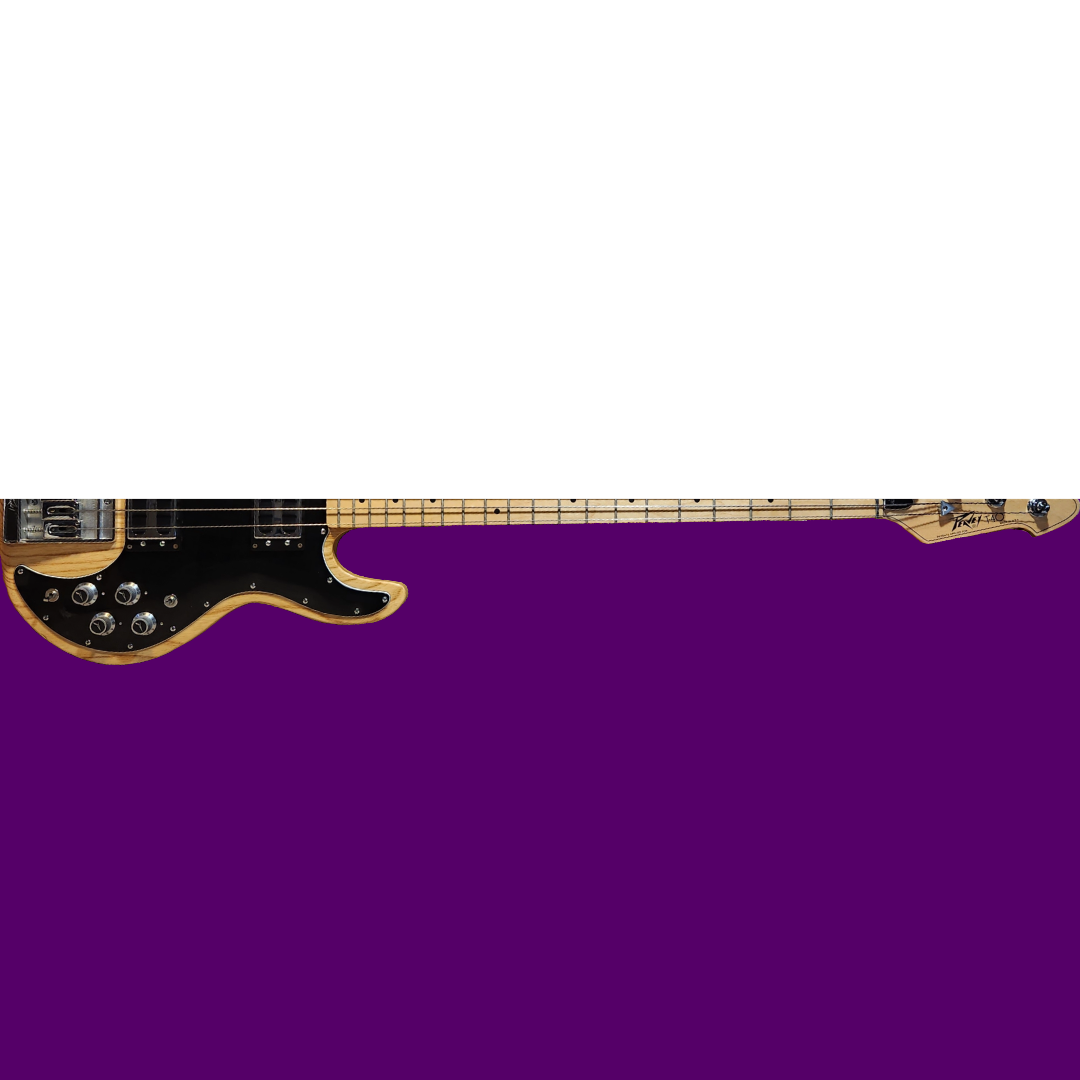 Half of a bass guitar on a purple background